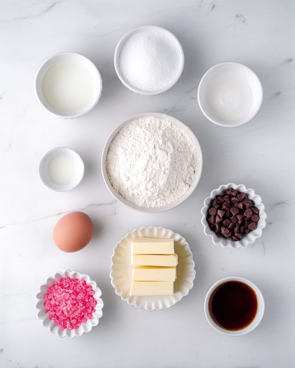 The image shows a top view of nine separate white dishes and one whole white egg, all arranged neatly on a white marbled surface. At the top center is a small white bowl filled with granulated white sugar. Below it and slightly left and right are two small white bowls, one with a white liquid and the other with a fine white powder, likely salt. Below those is a medium white bowl full of white flour at the center. To the right of the flour bowl is a small white bowl holding two thick rectangular pieces of pale yellow butter. On the left side below the flour bowl is a small white bowl with a small amount of white liquid, and on the right side is another small white bowl with dark brown vanilla extract. Below the flour bowl in the middle is a small white bowl filled with dark brown chocolate chips. Lastly, at the very bottom center is a small white scalloped bowl filled with bright pink sugar crystals. A whole white egg is placed to the left of the flour bowl. photo taken with an iphone --ar 4:5 --v 7
