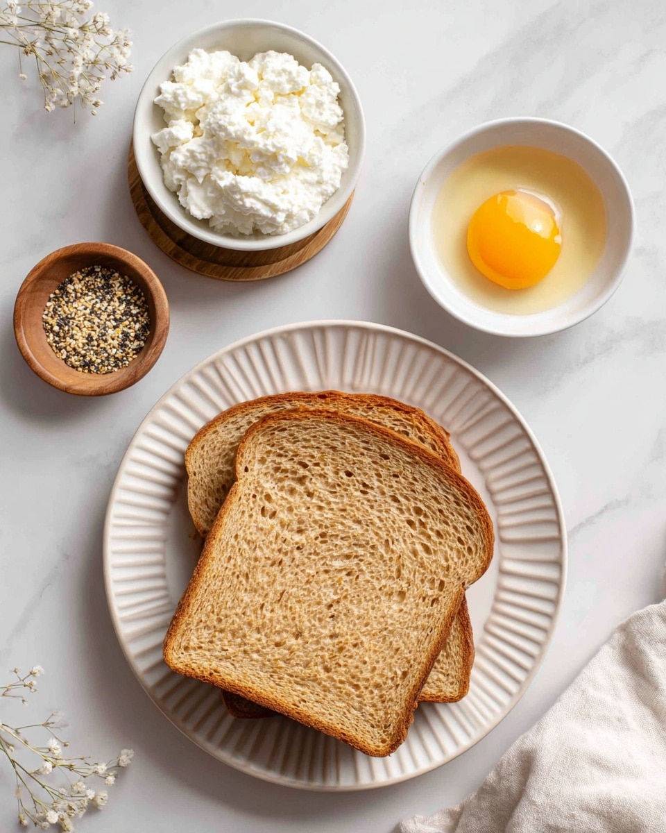 The image shows two slices of whole wheat bread stacked on a white plate with a patterned rim, placed on a white marbled surface. Above the plate, there is a small white bowl containing a raw egg yolk with egg white around it, resting on a small round wooden coaster. To the left of the egg, a small white bowl filled with white, lumpy cottage cheese is visible. Above the cottage cheese bowl, there is a small wooden bowl holding everything bagel seasoning, which includes black, white, and tan seeds and flakes. All items are arranged neatly with soft lighting highlighting their colors and textures. photo taken with an iphone --ar 4:5 --v 7
