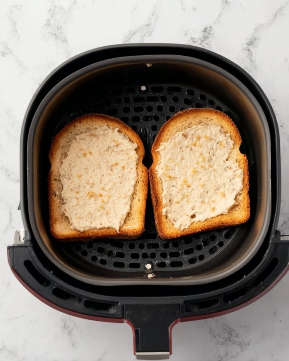 Two pieces of toasted bread inside a black air fryer basket on a white marbled surface. Each toast slice is covered with a smooth, light beige spread, appearing creamy with a few small chunks visible. The bread is golden brown around the edges with a soft texture in the middle. The basket has a round shape with holes at the bottom, and the background is clean with a white marbled texture. Photo taken with an iphone --ar 4:5 --v 7