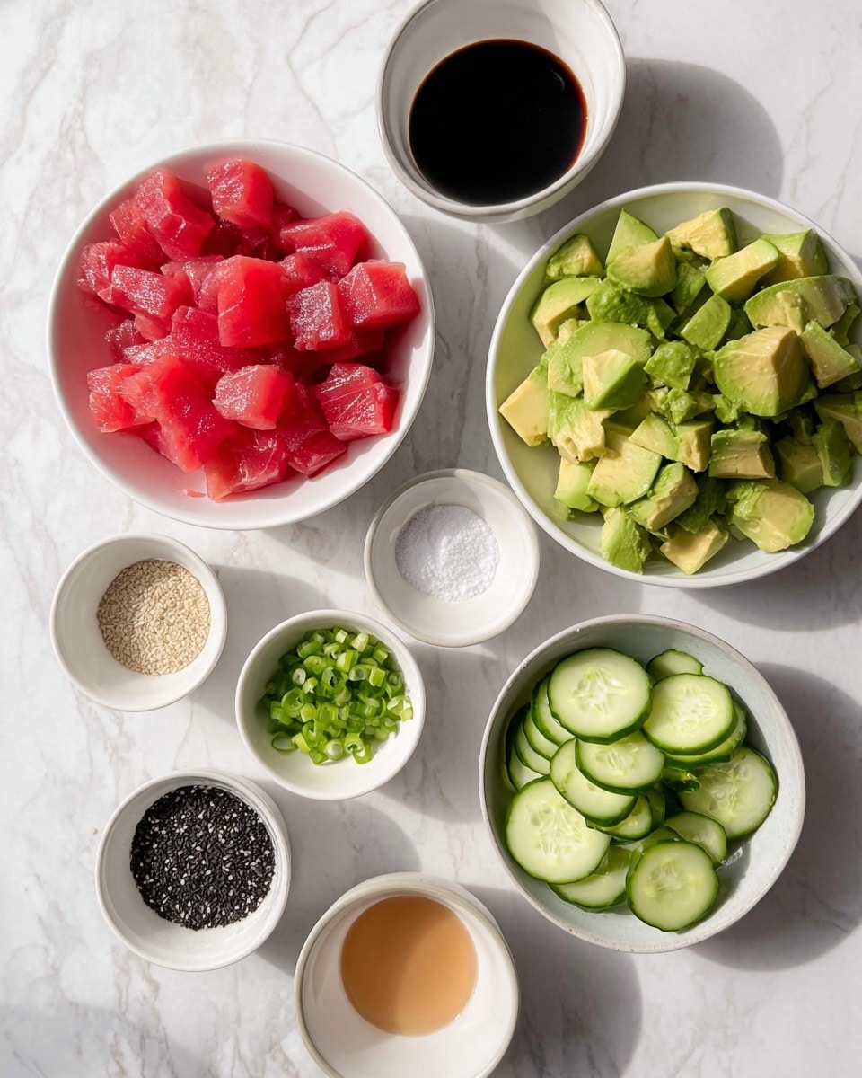 The image shows several white bowls arranged on a white marbled surface. The largest bowl at the top left contains bright red, cubed raw tuna pieces. To the right of it, there is another large bowl filled with chunks of green avocado. At the bottom right, a white bowl holds thin slices of cucumber arranged in a neat layer. Smaller bowls are scattered around them, including one with black and white sesame seeds, another with chopped green onions, a bowl with salt and pepper, one with a light beige liquid, another with dark soy sauce, and a small bowl with a light brown liquid. All items are neatly placed and clearly visible in natural light. Photo taken with an iphone --ar 4:5 --v 7