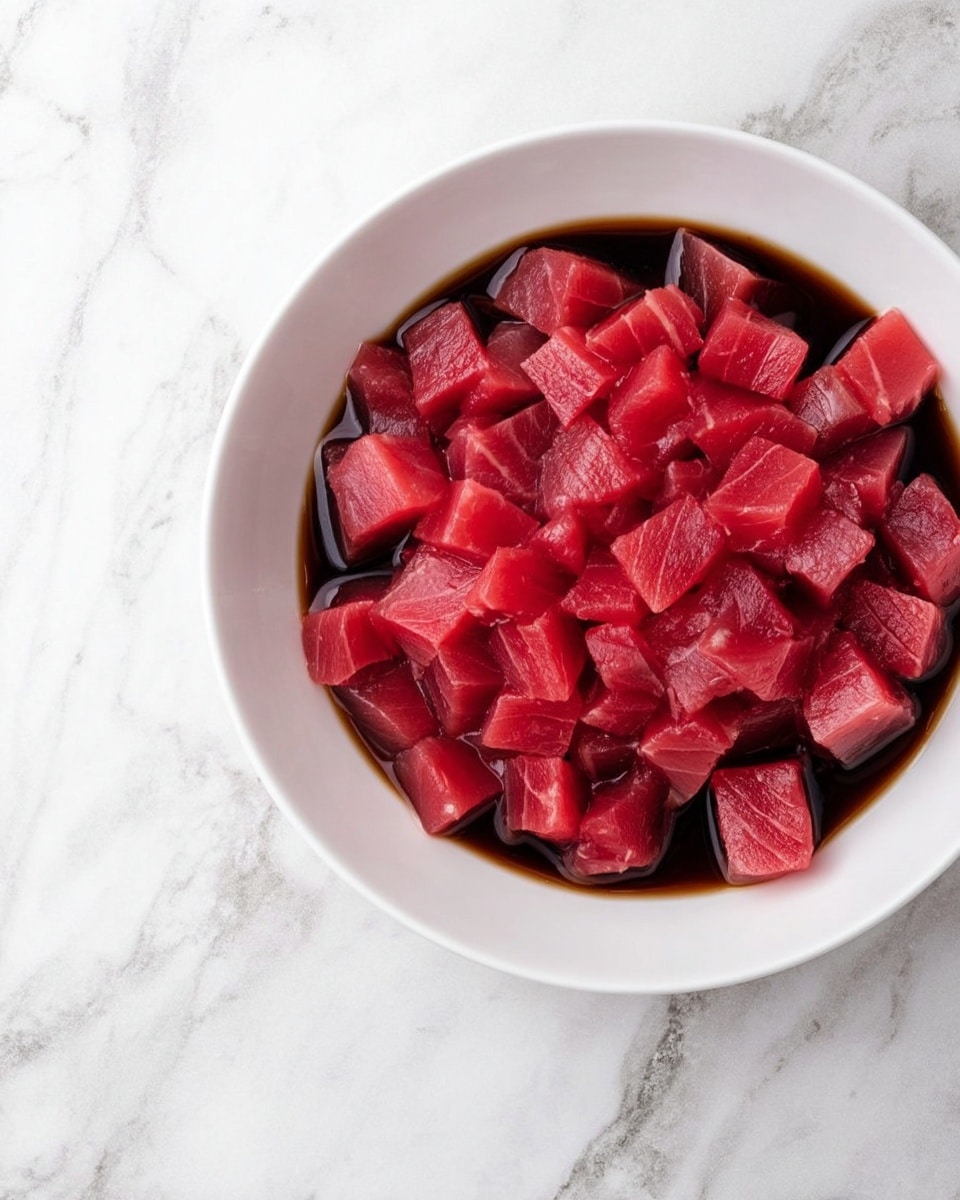 A white bowl filled with small, evenly cut cubes of raw red tuna, arranged closely together and resting in a shallow pool of dark brown soy sauce. The bowl is placed on a white marbled surface, and the tuna pieces show a mix of bright and deep red shades with a smooth, fresh texture. photo taken with an iphone --ar 4:5 --v 7