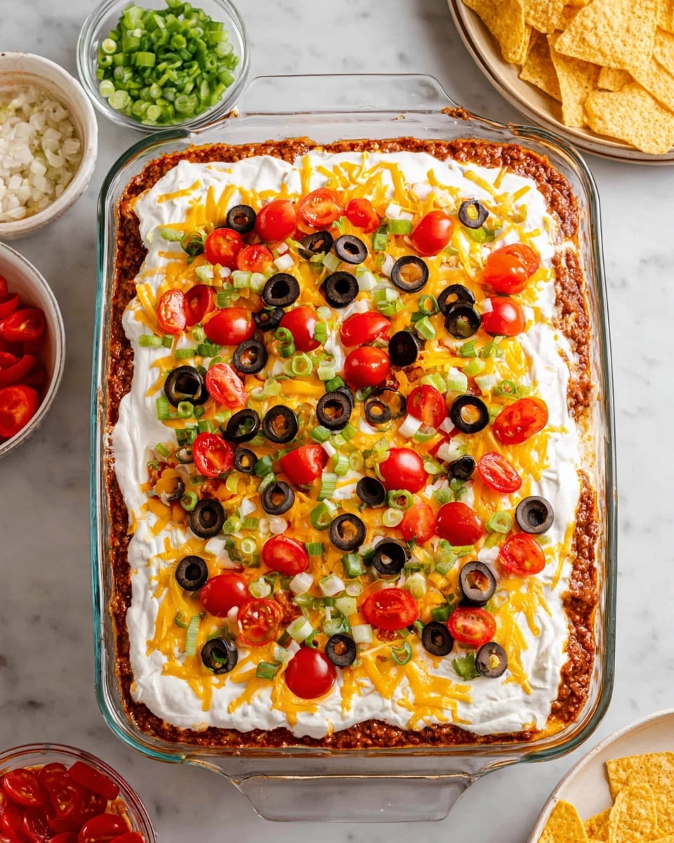 A glass baking dish holds a layered casserole on a white marbled surface. The bottom layer is a thick, red sauce mixed with seasoned meat, topped by a smooth, thick white sour cream layer spread evenly over it. On top of the sour cream is a scattering of shredded yellow cheese, black olive slices, chopped bright red cherry tomatoes, and small pieces of green scallions, creating a colorful, textured surface. Around the baking dish are small white bowls containing extra chopped scallions and tomatoes, and a plate with light brown crispy tortilla chips is partially visible. photo taken with an iphone --ar 4:5 --v 7