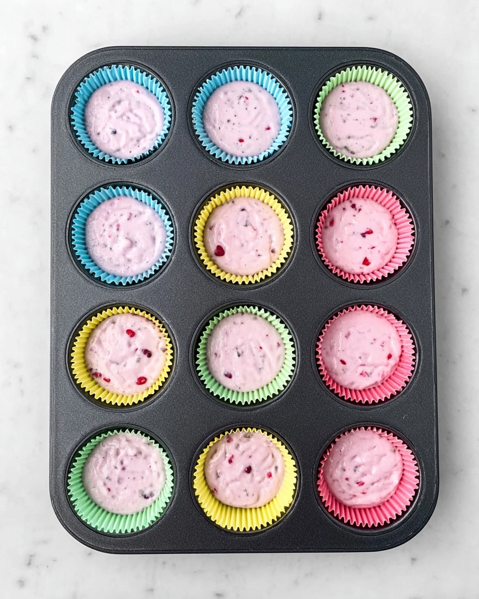 A dark gray muffin tray filled with twelve cupcake liners arranged in three rows and four columns, each liner holding a light pink batter mixed with small dark and red fruit bits. The top row liners are light blue, the second row liners are light green, the third row liners are yellow, and the bottom row liners are pink. The batter inside each liner is smooth with some texture from the fruit bits, evenly spread to fill about three-quarters of each liner’s height. The tray is placed on a white marbled surface. photo taken with an iphone --ar 4:5 --v 7