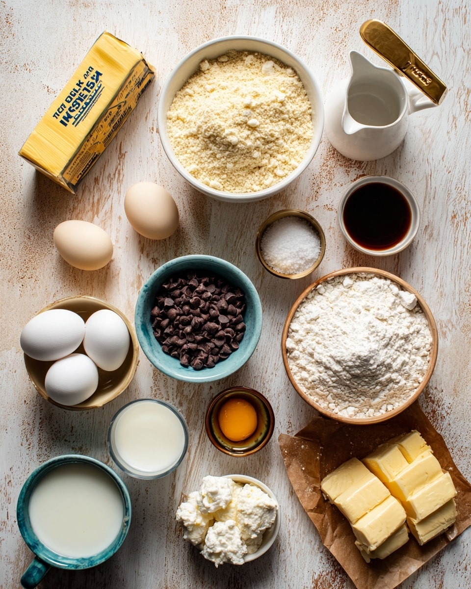 The image shows several ingredients arranged neatly on a wooden table with a white marbled texture background. In the top left, a rectangular stick of unsalted butter with yellow and blue packaging leans on the table. Below it is a white bowl filled with light beige almond flour. Next to it, on the right, is a white measuring cup full of white sugar with a gold handle. Near the center, there is a small glass cup with dark brown vanilla extract. On the right side, a white bowl holds all-purpose flour, nearly filled to the top. Below the almond flour is a small golden cup with dark brown semi-sweet chocolate chips. The center holds a blue bowl with four white eggs. To the right of the eggs is a gold measuring cup with white milk. Below the milk is a white bowl filled with cottage cheese. Near the bottom right corner, there is a yellow package of Nestle Toll House Premier White Chips. Below the almond flour and eggs, a wooden spoon with white salt sits next to a white bowl filled with powdered sugar. A small golden cup with olive oil is in the bottom center, and beside the cottage cheese bowl is a small white container of baking powder. photo taken with an iphone --ar 4:5 --v 7