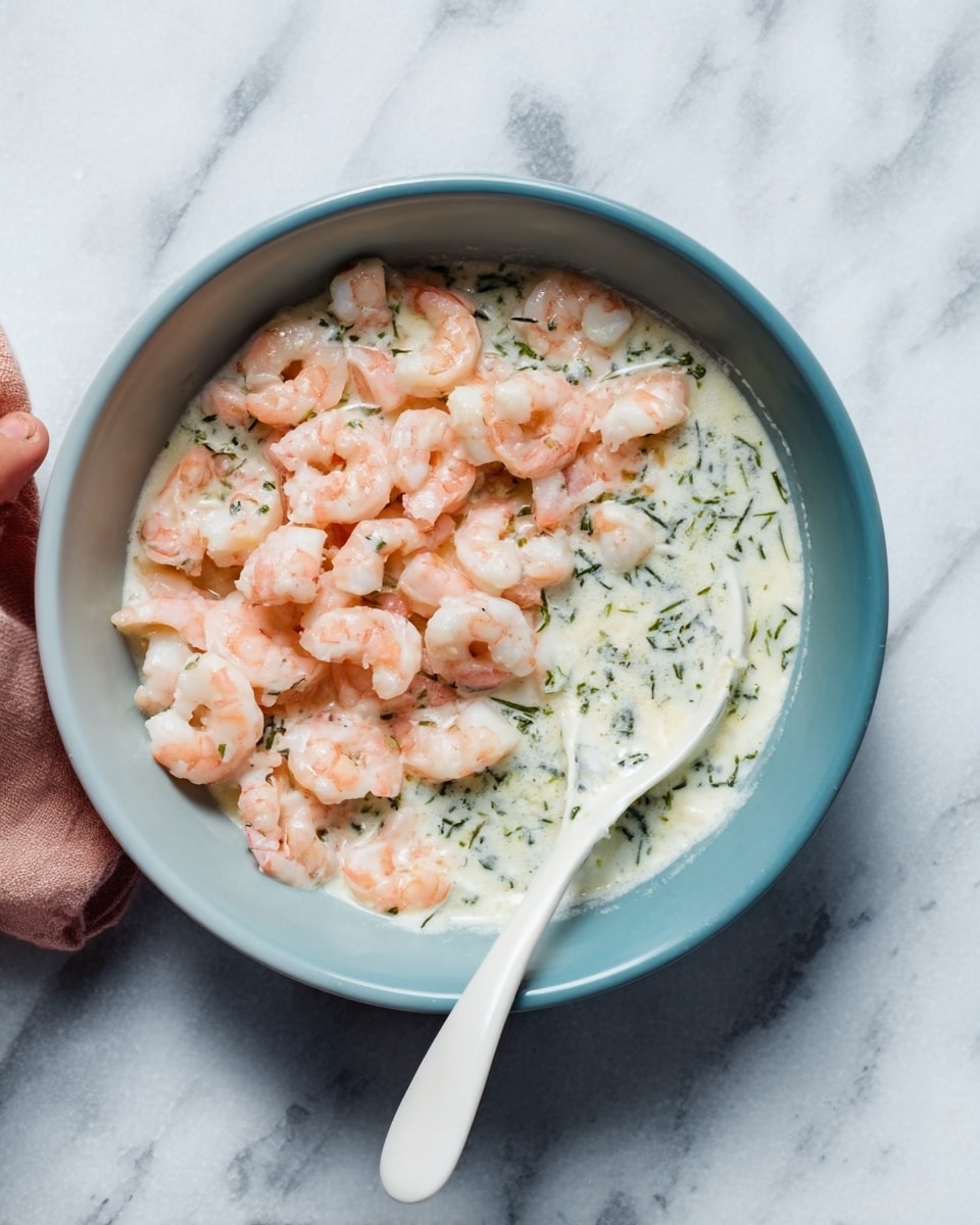 A white bowl filled with small, light pink shrimp covering about half of the bowl, next to a creamy white sauce with green herbs mixed in. A woman's hand is holding a white spoon resting on the edge of the bowl. The bowl is placed on a white marbled surface. photo taken with an iphone --ar 4:5 --v 7