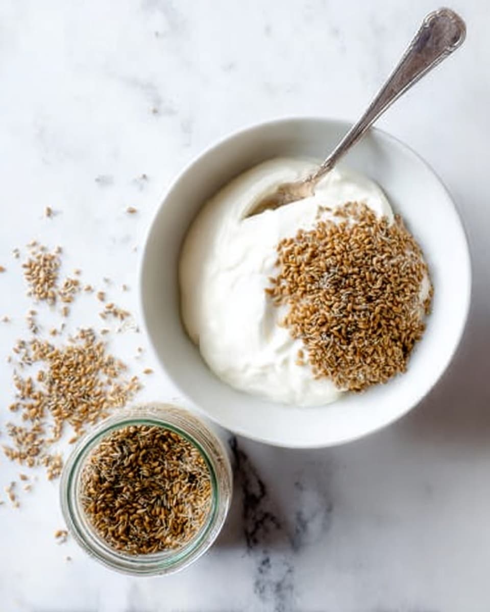 A white bowl sits on a white marbled surface, filled halfway with smooth, thick white yogurt. On top of the yogurt is a pile of small, light brown seeds that cover one side of the yogurt. A silver spoon rests inside the bowl, partially buried in the yogurt and seeds. Next to the bowl, there is a small glass jar filled with more of the light brown seeds, with some spilled seeds scattered around on the white marbled surface. The photo is taken with an iphone --ar 4:5 --v 7
