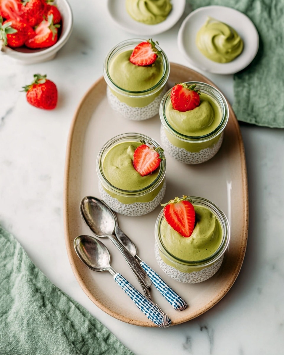 Four small glass jars sit on an oval beige ceramic plate, each jar filled with two layers: a white chia seed pudding base visible through the glass, topped with a smooth, thick green matcha cream layer that covers the pudding partially. Two jars have fresh red strawberry slices placed on top, adding a pop of color. Three small metal spoons with blue and white striped handles rest around the jars on the plate. The background is a white marbled surface with a green cloth napkin folded beside the plate and two small white dishes holding extra strawberry slices and dollops of green matcha cream. Photo taken with an iphone --ar 4:5 --v 7