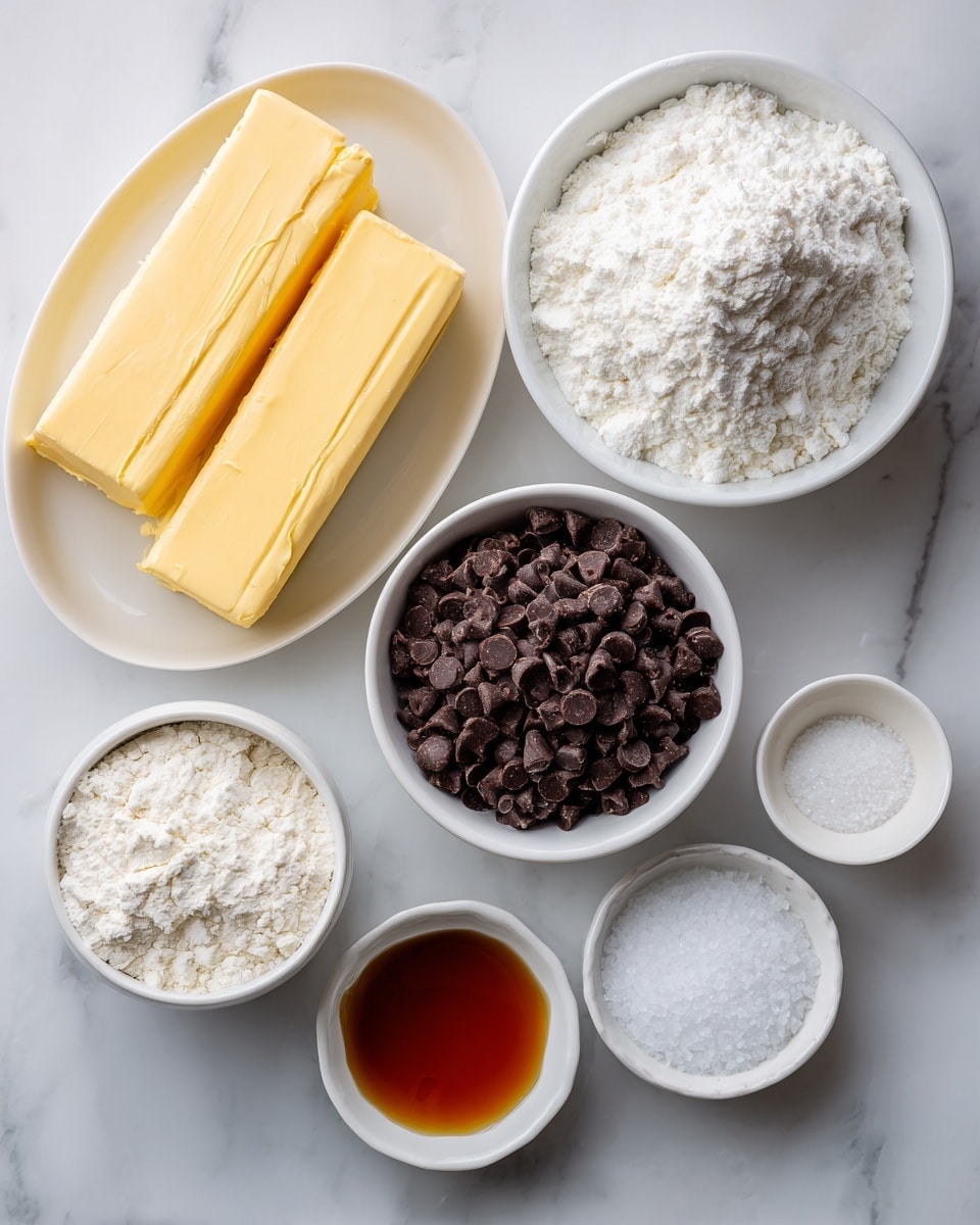 The image shows six baking ingredients arranged neatly on a white marbled surface. On the top left, there are two pale yellow sticks of butter placed side by side. To the right, a white bowl is filled with fluffy white powdered sugar. Below the butter, a white bowl holds fine white all-purpose flour. In the center, a smaller white bowl contains dark brown chocolate chips. Next to it, a tiny white bowl has a rich amber liquid of vanilla extract. Finally, at the bottom right corner, a small white bowl holds fine white salt. Each item is labeled clearly in black text on white backgrounds. photo taken with an iphone --ar 4:5 --v 7