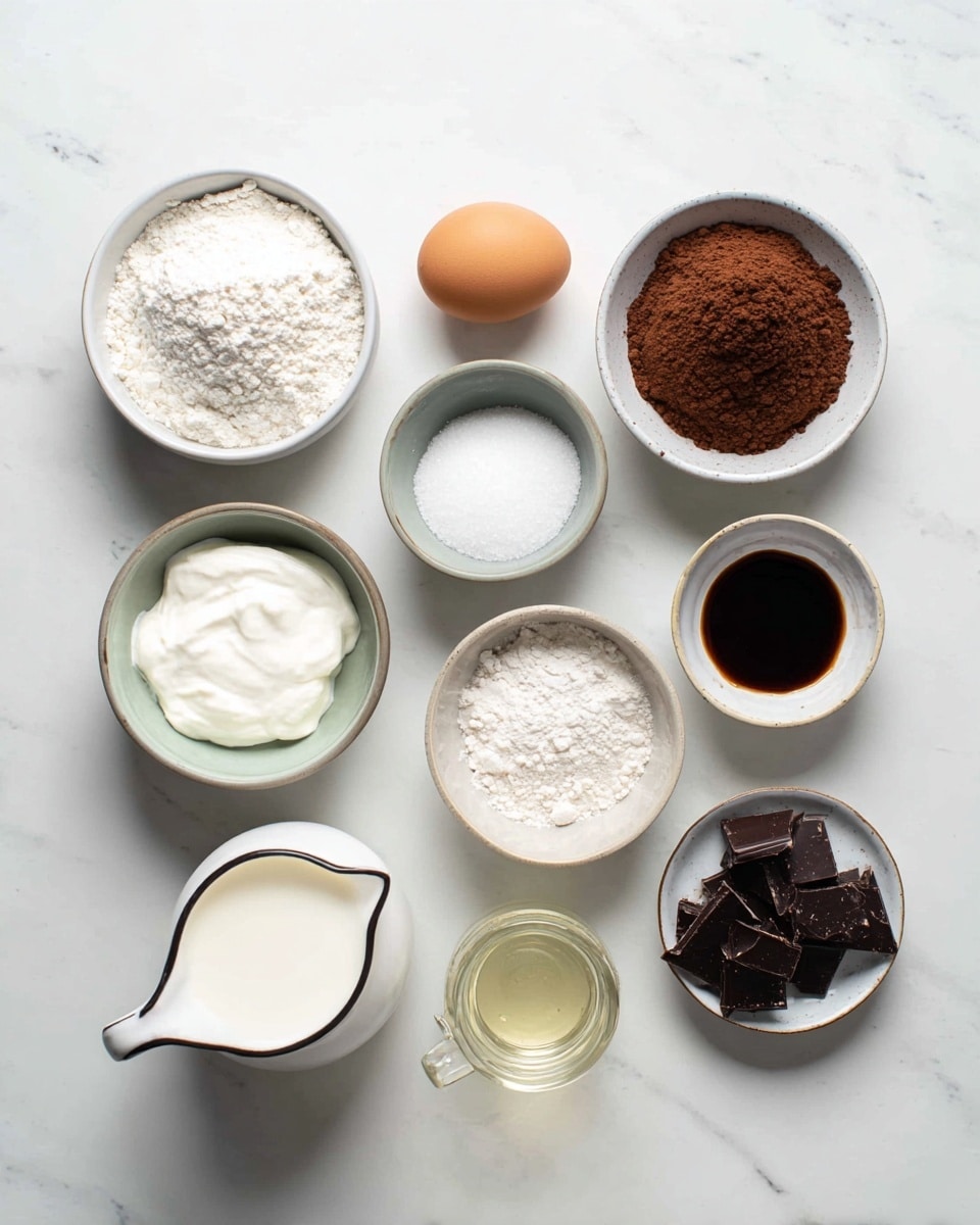 This image shows ten small white bowls and a small glass jar on a white marbled surface, each holding a different baking ingredient. Starting from the top left, there is a bowl with white flour, next a bowl filled with white sugar, another with light brown cocoa powder, and a fourth bowl with a dark liquid, likely soy sauce or a similar ingredient. Below these are a bowl with white yogurt, a small gray bowl with white powder, possibly baking soda, and a white bowl holding a single brown egg. At the bottom are a small glass jar of clear oil, a white small pitcher of milk, a white small bowl with dark broken pieces of chocolate, and a very small white bowl with dark brown liquid, likely vanilla extract. The setup is neat and organized with the ingredients spaced out evenly. Photo taken with an iphone --ar 4:5 --v 7