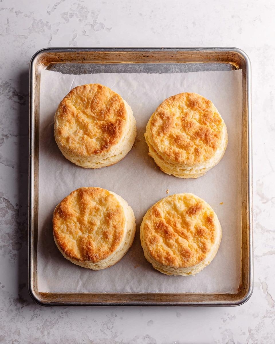 A baking tray lined with white parchment paper holds four round biscuits arranged in a square. Each biscuit has a golden-brown top with a slightly rough texture and a fluffy, pale yellow side showing multiple soft layers. The tray is placed on a white marbled surface, and the light highlights the biscuits' crisp, uneven tops and soft sides. photo taken with an iphone --ar 4:5 --v 7
