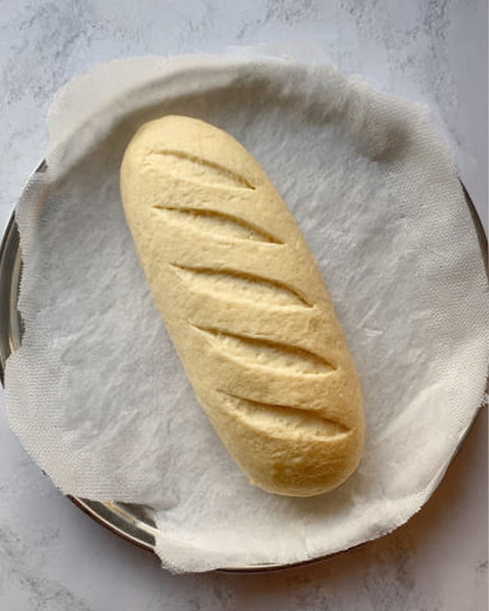 A single loaf of dough sits on white parchment paper placed on a round silver tray, with three diagonal slashes on top showing the soft texture underneath. The dough is pale yellow and smooth, slightly puffed up, indicating it is ready to be baked. The tray rests on a white marbled surface. Photo taken with an iphone --ar 4:5 --v 7
