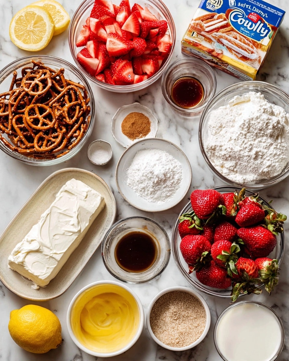 The image shows many small white bowls and clear glass bowls placed on a white marbled surface, each filled with different ingredients for a dessert. There are two clear bowls filled with bright red chopped strawberries and brown pretzels. Another white bowl holds light brown sugar, and a small one has dark vanilla extract. White powdered sugar and cornstarch are in clear bowls, while a white-speckled plate contains a block of cream cheese. Half a lemon is shown next to a bowl of lemon zest. There’s a tub of Cool Whip with a white lid and a white bowl of melted yellow butter. Fresh whole strawberries and a small bowl of milk complete the setup. Photo taken with an iphone --ar 4:5 --v 7