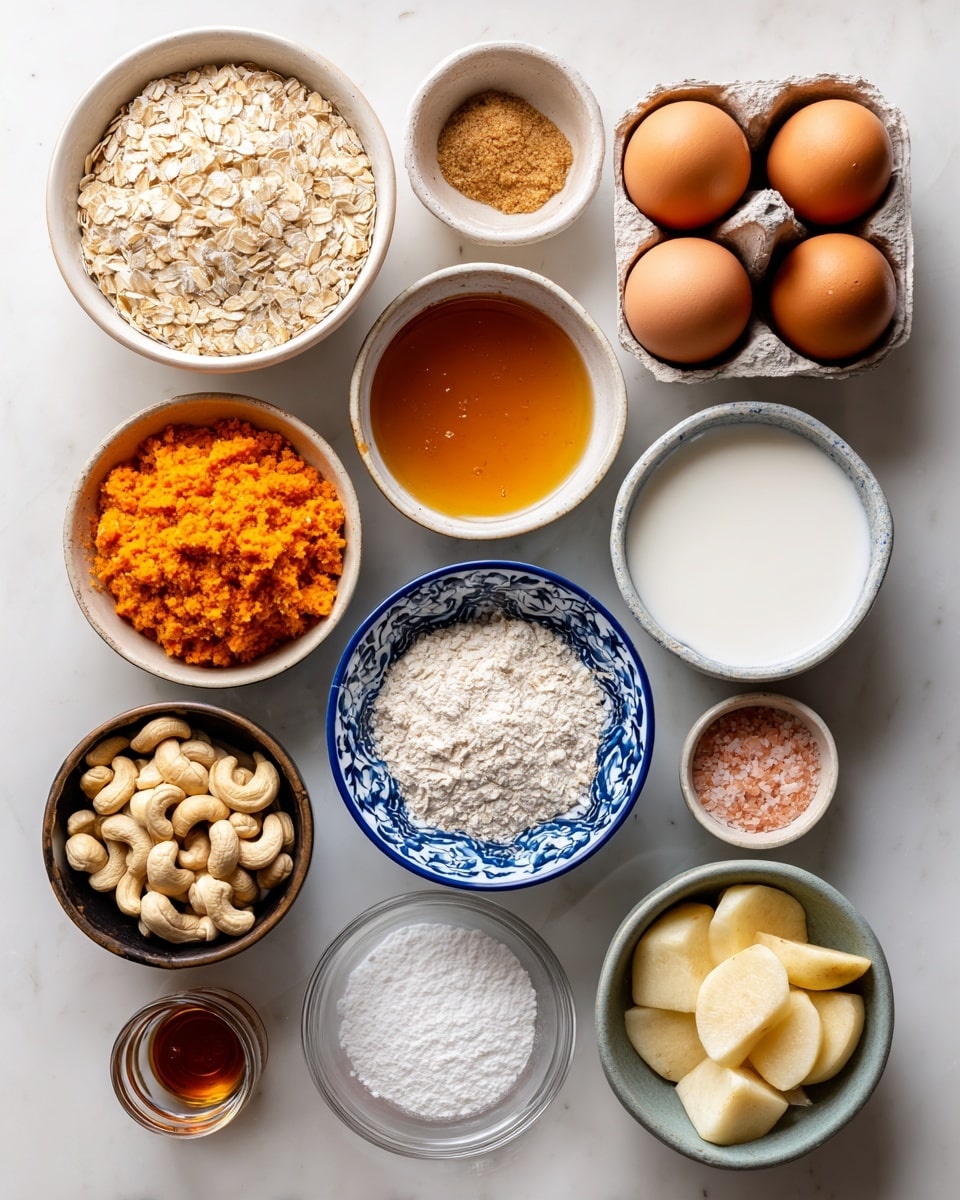 The image shows various ingredients arranged neatly on a white marbled surface. At the center, there is a white bowl filled with light beige oats. Above it, a tan bowl holds white coconut flakes, and below it, a blue and white patterned bowl contains bright orange sweet potato pieces. To the right of the oats, a white bowl with a blue rim is filled with white milk. Near the milk, a small reddish-brown bowl holds pink salt. At the top right, two brown eggs rest in a beige egg carton. Centered just above the oats, a white bowl contains amber maple syrup. To the left of the syrup, a dark brown bowl holds cashew nuts. Below the nuts, a small clear glass bowl of white baking powder and a similar bowl of light brown vanilla sit side by side. Near the center-left, a small clear glass bowl holds white baking soda. At the bottom right, a gray bowl has peeled apple pieces that are pale yellow. The arrangement is clean and colorful, set on a bright white marbled background, photo taken with an iphone --ar 4:5 --v 7