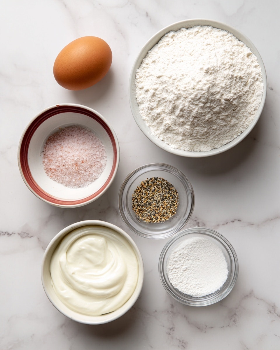 The image shows six ingredients placed neatly on a white marbled surface. At the top right, there is a round bowl filled with a white powdery layer of flour. Below and to the right, a small clear glass bowl holds a white powder, labeled baking powder. In the middle right, a white bowl contains smooth, thick, creamy Greek yogurt. To the left of the yogurt, a round bowl with a reddish rim holds light pink salt grains. Above the salt, a smaller clear glass bowl shows a mix of black, white, and golden everything bagel seasoning. At the top left, a white bowl holds one brown egg with a smooth shell. Photo taken with an iphone --ar 4:5 --v 7