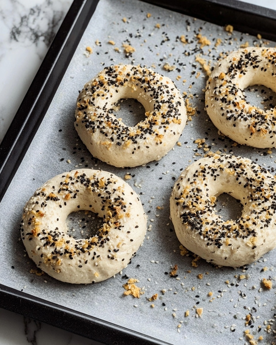Four uncooked dough rings on a baking tray lined with light gray parchment paper, each ring topped with a mix of black and white sesame seeds, and small bits of golden toasted flakes. The dough is pale and soft-looking with a slightly bumpy texture. The seeds and flakes are scattered not only on the dough rings but also on the parchment paper around them. The tray edges are black and the background features a white marbled texture. Photo taken with an iphone --ar 4:5 --v 7