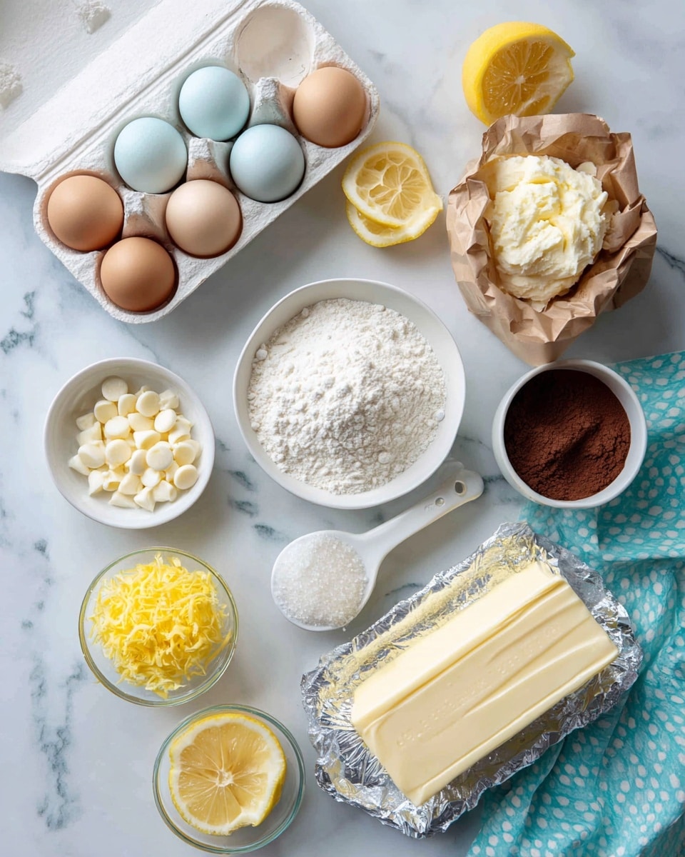 The image shows ingredients for a recipe placed on a white marbled surface. In the top left corner, there is a white egg carton holding six eggs in two different colors: brown and light blue. Next to the eggs, there is a sliced lemon with a yellow center and a rough peel. To the right, an open brown paper bag holds a white powder labeled lemon instant pudding mix, beside it is a white measuring spoon with baking powder. Below, a white bowl filled with fine white granulated sugar is placed near a small white bowl containing white chocolate chips. In the bottom left corner, a rectangular clear glass dish holds a stick of pale yellow butter, and nearby is a small glass bowl filled with bright yellow lemon zest. Centered on the surface, a small white bowl contains light-flour powder. To the right of it is a small clear bowl with dark brown vanilla. Finally, at the bottom right a block of cream cheese partially wrapped in silver foil sits nearby, with a few additional lemon slices and a turquoise cloth with a white dotted pattern on the marbled surface. photo taken with an iphone --ar 4:5 --v 7