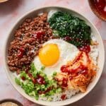 Crispy Bibimbap Bowl with Ground Beef, Spinach, and Fried Egg Recipe
