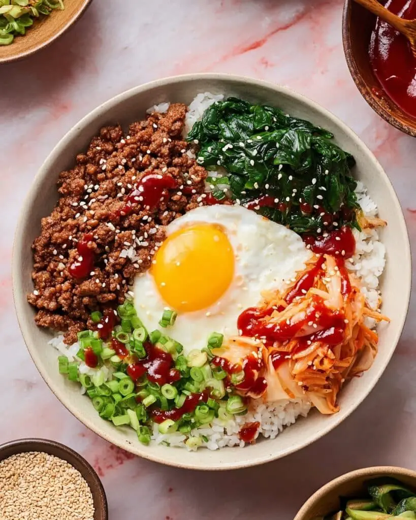 Crispy Bibimbap Bowl with Ground Beef, Spinach, and Fried Egg Recipe