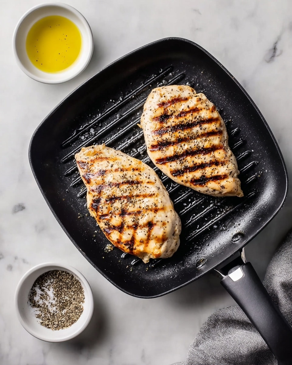 Two grilled chicken pieces sit side by side in a black square grill pan with raised lines. Each piece shows clear dark brown grill marks and is lightly seasoned with black pepper and coarse salt. To the left of the pan, there are two small white bowls on a white marbled surface; one holds yellow olive oil, and the other contains black pepper and salt mix. A gray cloth is partly visible on the lower right side next to the pan's handle. The photo is taken with an iphone --ar 4:5 --v 7