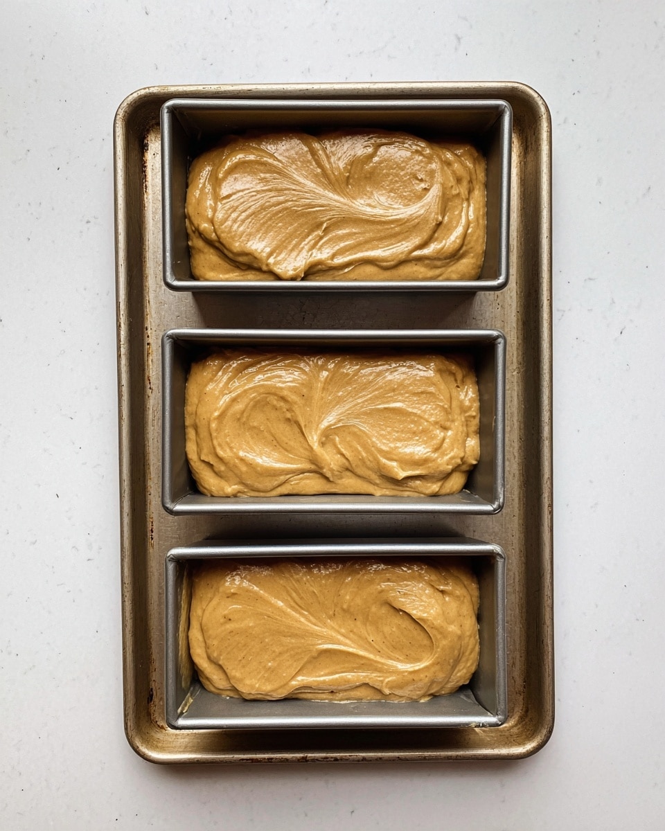 Three small rectangular metal baking pans filled with smooth, thick, golden-brown batter sitting inside a larger metal baking sheet. The pans are arranged side by side on a white marbled surface, and the batter fills each pan to just below the edges, with some swirls and peaks visible on the surface. photo taken with an iphone --ar 4:5 --v 7