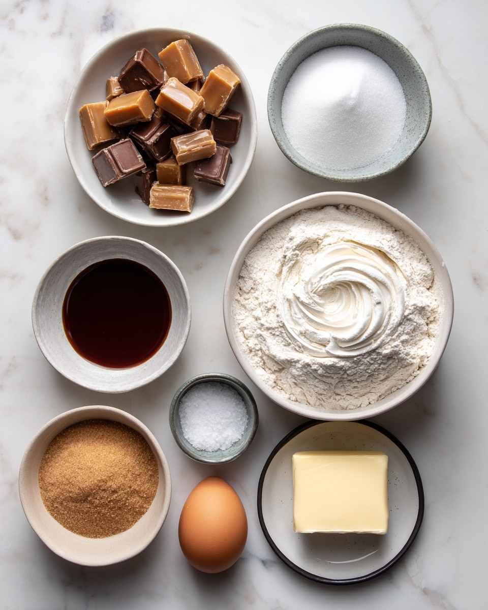 The image shows a flat lay of baking ingredients placed on a white marbled surface, arranged in a loose grid. Starting from the top left, there is a white bowl filled with small, square pieces of chocolate and caramel candy that are light and dark brown in color. To the right is a small gray cup holding white baking soda powder. Below the candy bowl is a tiny shallow white dish with dark brown vanilla extract. Next to it, a larger white bowl is filled with fine, white flour, arranged with a swirling texture on top. Below the vanilla dish and flour bowl is a single brown egg. To the left lower side, a white bowl contains light brown, granulated brown sugar with a smooth surface. Underneath the egg is a small gray metal cup holding white salt. Lastly, a small white plate with a black rim holds a half cup of pale yellow butter in a solid rectangular shape. All items are labeled with black text beside each ingredient. photo taken with an iphone --ar 4:5 --v 7