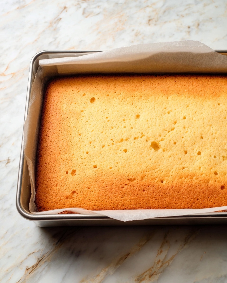 A single layer of light golden brown cake with a slightly uneven surface texture sits inside a rectangular metal baking pan lined with parchment paper, the edges showing a gentle rise and browning. The baking pan rests on a white marbled surface with soft gray and faint yellowish veining. The cake looks soft and slightly spongy with small, scattered darker spots from baking. photo taken with an iphone --ar 4:5 --v 7