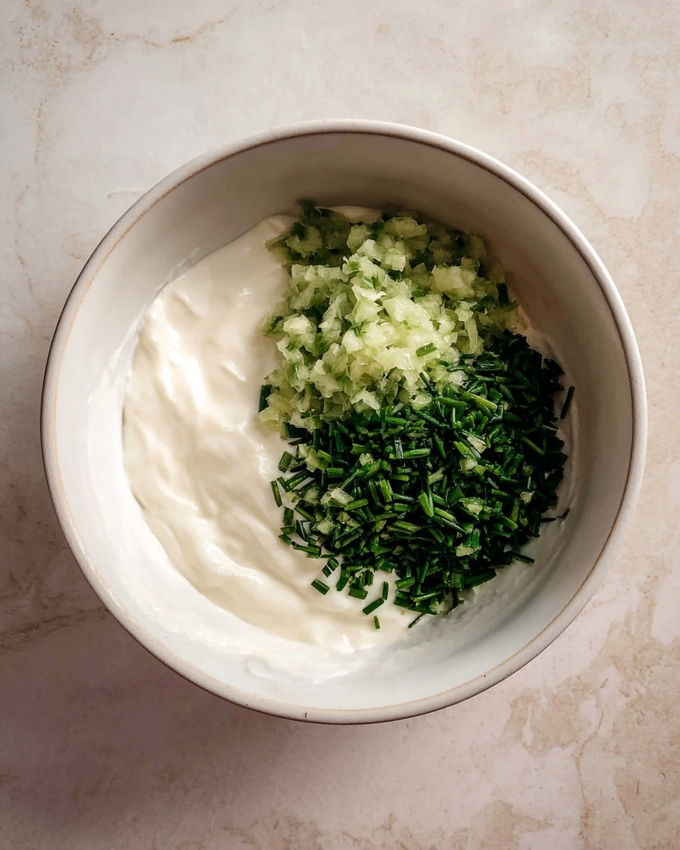 A white bowl holds two main layers: the bottom layer is creamy and smooth white yogurt filling most of the bowl, and the top layer has a mix of finely chopped dark green chives and grated light green cucumber placed on one side of the yogurt. The bowl sits on a white marbled surface with a soft natural light showing subtle shadows. photo taken with an iphone --ar 4:5 --v 7