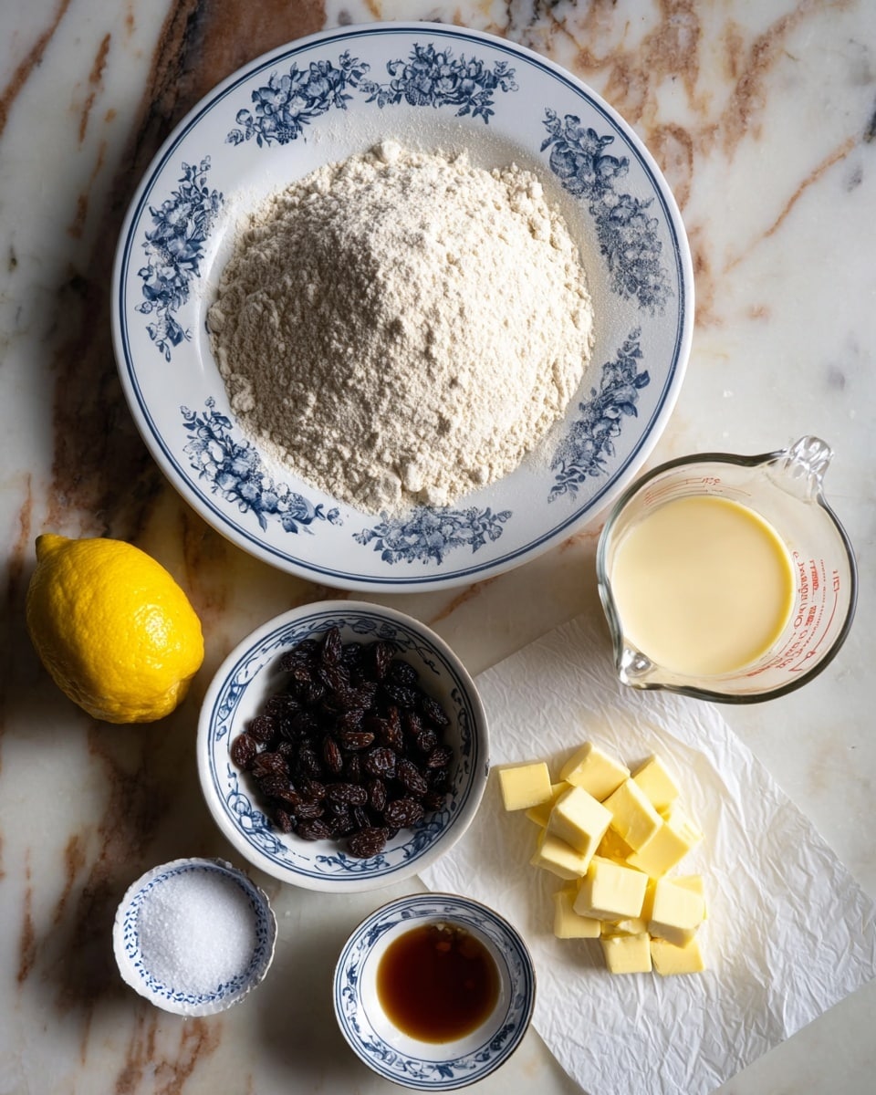 A collection of baking ingredients arranged on a white marbled surface: a large white plate with blue floral patterns holding a mound of fine white flour in the center, to its right a clear glass measuring cup filled with a creamy liquid, below the plate diced yellow butter pieces rest on white parchment paper, next to it a small white bowl with a blue floral pattern filled with dark raisins, a whole bright yellow lemon sits to the left of the flour plate, a small white bowl with blue floral design holds granulated white sugar, a tiny white dish with a pinch of salt is placed nearby, and a small white cup with a brown liquid (likely vanilla extract) completes the arrangement photo taken with an iphone --ar 4:5 --v 7