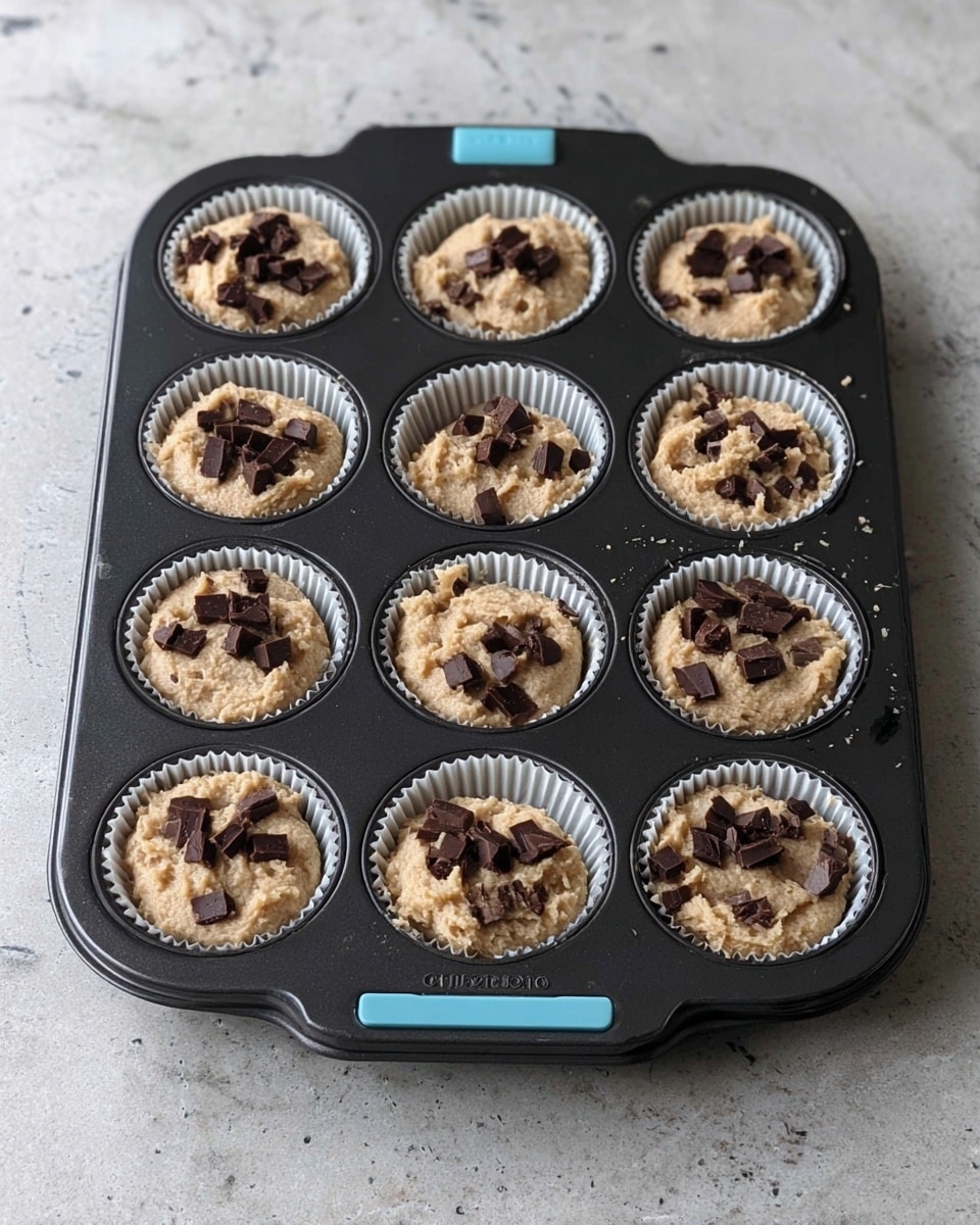 A black muffin tray with twelve slots holds paper liners filled with light tan muffin batter. Each muffin is topped with dark brown chocolate chunks and small chocolate bits mixed throughout the batter. The tray rests on a white marbled surface, and the batter looks thick and uneven in texture, ready to bake. Photo taken with an iphone --ar 4:5 --v 7