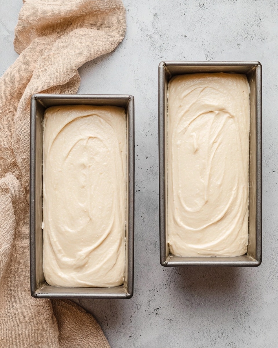 Two metal loaf pans sit side by side on a white marbled surface. Each pan is filled with a smooth, thick, pale beige batter spread evenly inside. The batter has slight swirls and a creamy texture on top. On the left edge, a beige cloth is casually placed, adding softness to the scene. The background is a light gray with subtle texture. Photo taken with an iphone --ar 4:5 --v 7