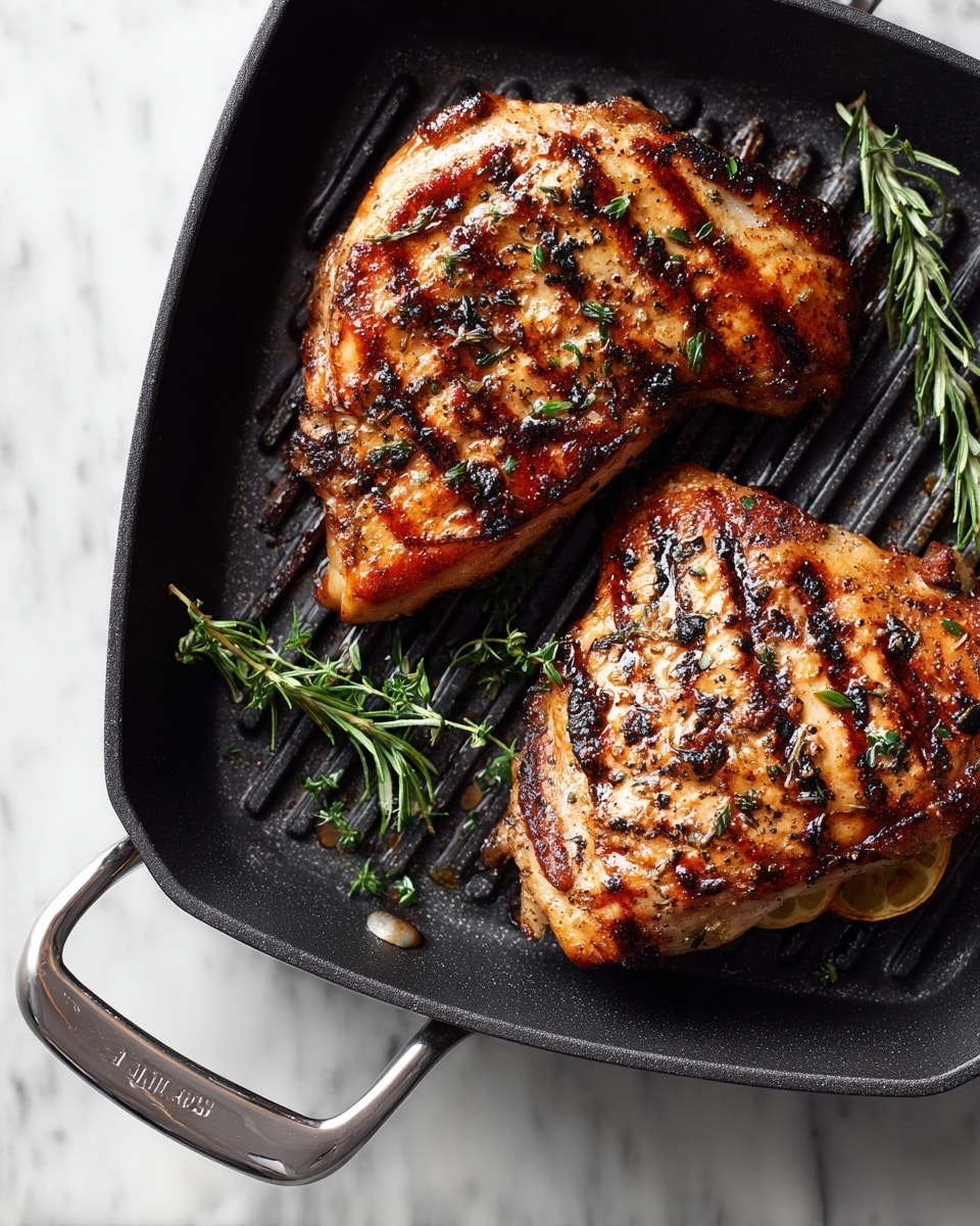 Two pieces of grilled chicken with golden-brown crispy skin and visible grill marks sit in a grill pan. The chicken is slightly charred with herbs visible on the surface. There are also two cooked lemon slices underneath the chicken. The grill pan is dark with a shiny metal handle, placed on a white marbled surface. Photo taken with an iphone --ar 4:5 --v 7