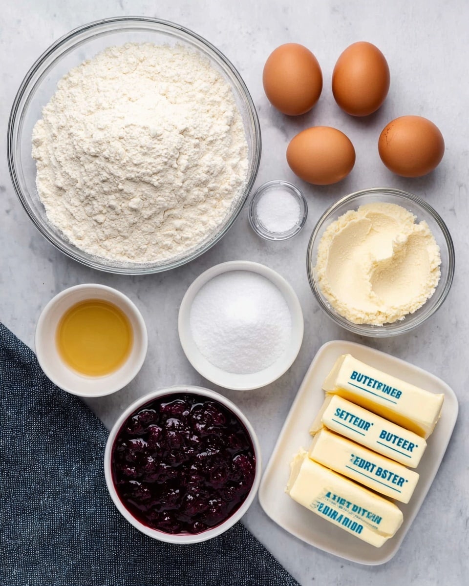 A top view of baking ingredients arranged on a white marbled surface, including a large clear glass bowl in the center filled with white flour showing soft, uneven texture. To the right, a smaller clear bowl holds fine white powdered sugar, smooth on top. Above the flour, another clear bowl contains light beige granulated sugar with a swirled top. Next to it is a small white bowl with a small amount of white baking powder. Below the flour, a white bowl is filled with thick, dark purple berry jam that has a glossy texture. On the far right, four sticks of unsalted butter with pale yellow color and blue text are neatly stacked vertically. Above them is a white dish holding four brown eggs, their shells smooth and glossy. To the left of the flour, a small white bowl holds a light golden liquid, likely oil, and above it another small white bowl contains a light brown liquid, likely vanilla extract. A dark gray textured cloth is at the bottom edge. Photo taken with an iphone --ar 4:5 --v 7
