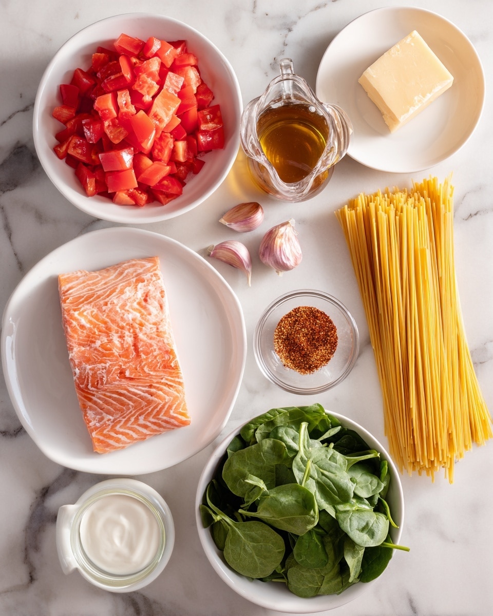 The image shows ingredients for a recipe laid out on a white marbled surface. On the top left, there is a white bowl filled with bright red diced tomatoes. Next to it on the right, a small white plate with a light yellow block of parmesan cheese. Below these, a small glass pitcher with brown veggie broth sits at the center. Towards the bottom left, a white plate holds a fresh piece of orange-pink salmon. Near it on the left are four light purple garlic cloves. To the right of the salmon, a white cup has white light cream. In the bottom center, a tiny white bowl is filled with reddish-brown Cajun seasoning. Toward the right, on a white rectangular plate, there are dry, long yellow pasta strands neatly stacked. Below this, a small glass container holds a golden 2-tablespoon amount of olive oil. Finally, at the bottom right, a full white bowl is filled with fresh, green baby spinach leaves. Photo taken with an iphone --ar 4:5 --v 7