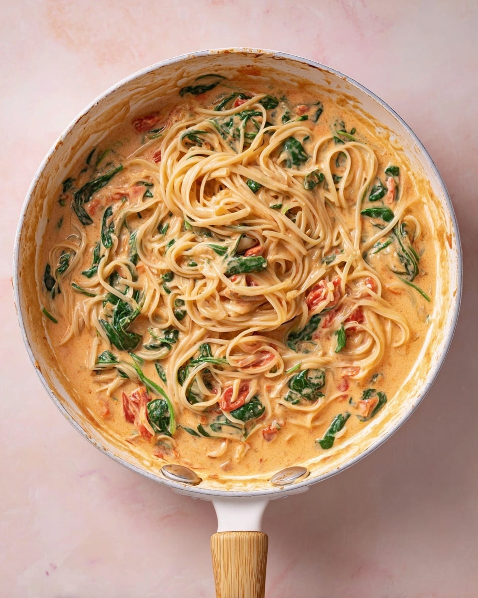 A white pan with a wooden handle holds creamy pasta mixed with fresh green spinach leaves and small pieces of red tomatoes. The pasta is long and thin, coated in a light orange creamy sauce that bubbles slightly. The edges of the pan show some sauce stains, adding a rustic look. The pan sits on a soft pink surface replaced by a white marbled texture. photo taken with an iphone --ar 4:5 --v 7