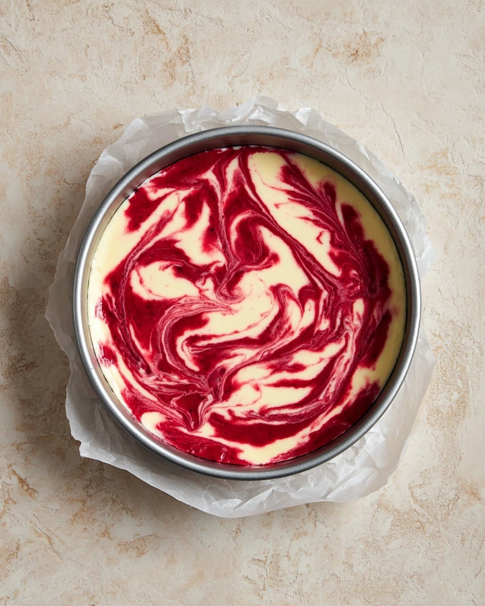 The image shows a top view of various ingredients on a white marbled surface, arranged neatly in groups. On the left are three silver-wrapped cream cheese blocks stacked, a stick of pale yellow butter, and a bright yellow lemon. Above these are small clear bowls with light brown brown sugar, fine white sugar, and a clear bowl with golden graham cracker crumbs in the upper right. Below the sugar is a clear bowl filled with bright red raspberries. To the right of raspberries is a small glass with clear water, next to a small glass bowl of smooth white sour cream. Three light brown eggs are placed in a row near a dark brown vanilla extract bottle with a black cap, completing the setup. All items are clearly visible and spaced on the white marbled surface. photo taken with an iphone --ar 4:5 --v 7