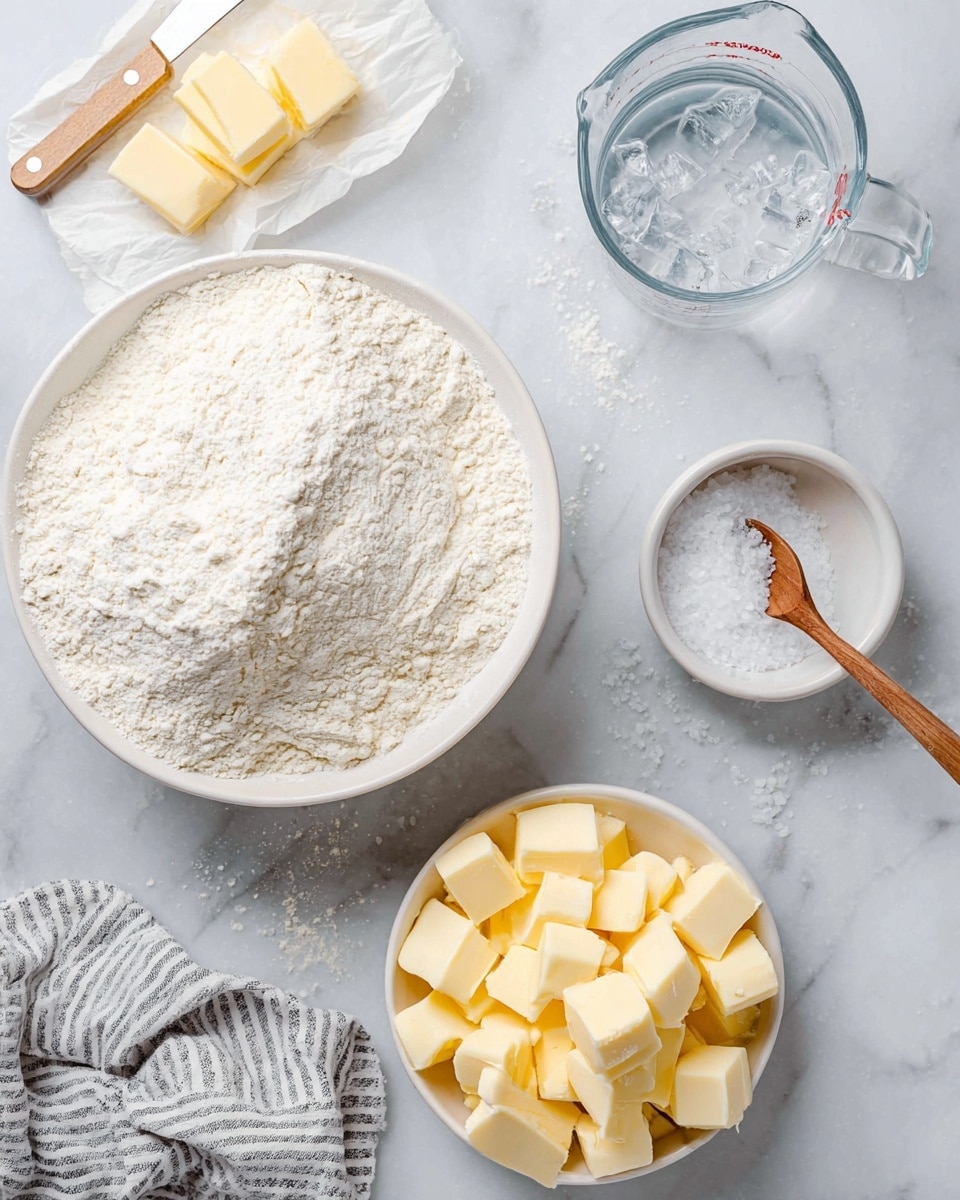 The image shows a flat lay of baking ingredients on a white marbled surface. In the center is a large bowl filled with white flour that looks soft and powdery. To the bottom right, there is another white bowl full of small, neat cubes of pale yellow butter. At the top left, some butter cubes are on a white wrapper next to a knife with a light wood handle. At the top right, a small white bowl holds some coarse salt with a wooden spoon resting inside. Near the salt, there's a transparent measuring cup with clear water and ice cubes. A white and gray striped cloth is partly visible on the bottom right edge. Photo taken with an iphone --ar 4:5 --v 7
