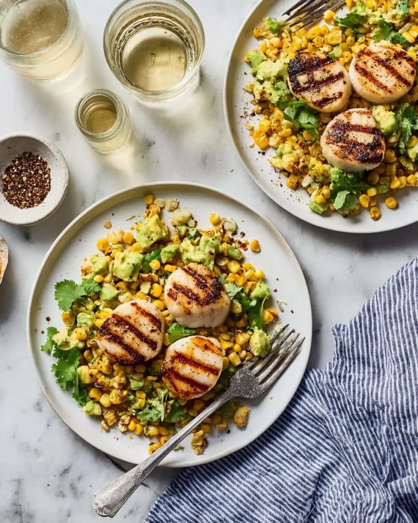 Grilled Sea Scallops with Corn Avocado Salad and Honey Lime Dressing Recipe