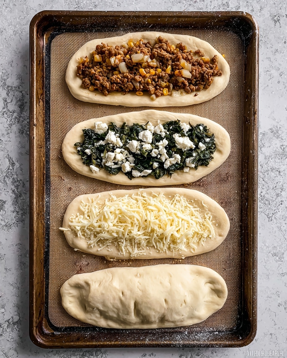 The image shows a baking tray with a lined mat holding four oval-shaped dough pieces arranged vertically. The top dough piece is flat with a spread of browned cooked ground meat mixed with corn and onions in the center. The second piece has a layer of cooked dark green leafy vegetables topped with small white crumbles of cheese. The third piece is filled with a mound of shredded pale yellow cheese. The bottom dough piece is sealed with a crimped edge, showing no filling but a textured surface from sealing. The tray is placed on a white marbled textured surface. photo taken with an iphone --ar 4:5 --v 7