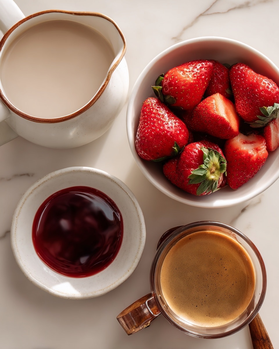 The image shows four white ceramic containers arranged on a white marbled surface. At the top left is a white jug with brown edges filled with pale cream milk. Below it is a white cup filled with bright red strawberries, some whole and some halved, with green leaves on top. To the right of the strawberries, a small white bowl holds dark red strawberry simple syrup, smooth and shiny. At the bottom right, a glass cup with a wooden handle contains rich, brown espresso with a light foam layer on top. The items are spaced evenly with soft natural light. photo taken with an iphone --ar 4:5 --v 7