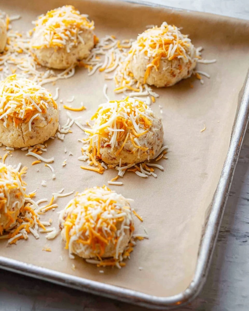 Several round cookie-sized dough balls sit spaced apart on a light beige baking paper that covers a silver metal tray. Each dough mound is topped with a loose layer of shredded cheese in white and orange colors, giving a soft, slightly messy texture on top. The dough itself looks creamy with visible small bits inside, suggesting mixed ingredients. The background beneath the tray is white marbled. The scene is lit with natural light showing a clean and fresh setup. Photo taken with an iphone --ar 4:5 --v 7