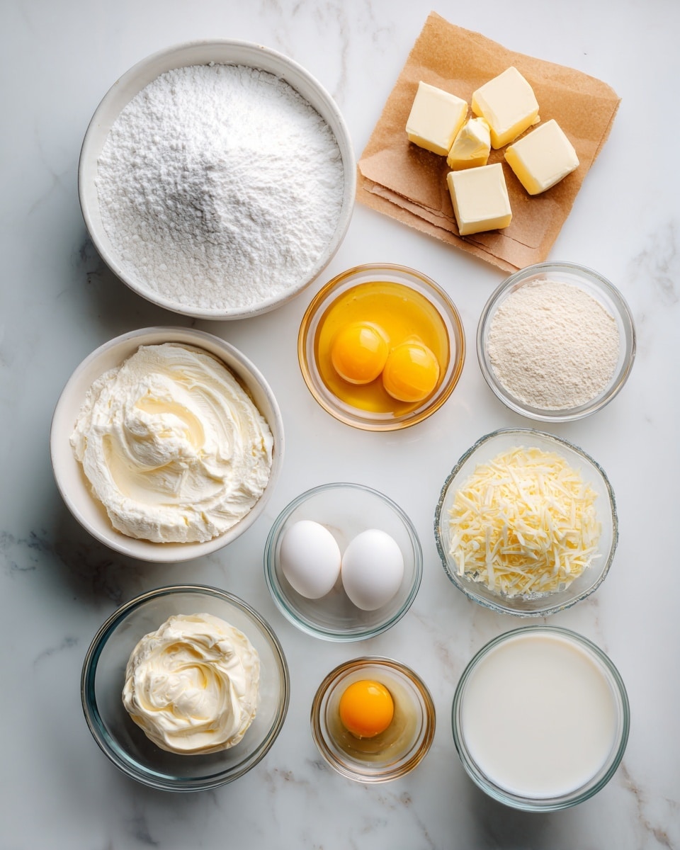 The image shows two groups of baking ingredients placed on a white marbled surface. On the left side, there is a white bowl filled with white icing sugar, a white bowl with pastry flour and salt, a small clear glass bowl holding a whole raw egg with a visible yolk, a small clear glass bowl with light beige almond flour, and several small cubes of unsalted butter placed on brown parchment paper. On the right side, there are six clear glass or metal bowls arranged loosely in two rows: the top row has a white bowl with thick cream cheese, a small clear glass bowl with light yellow parmesan cheese, and a small clear glass bowl filled with white milk; the middle row has a small clear glass bowl with white sugar, a very pale yellow piece of butter, a small metal bowl containing two bright yellow egg yolks, and a small metal bowl with white corn starch. The overall look is clean and organized, with a focus on the different textures and shades of white, yellow, and light beige. photo taken with an iphone --ar 4:5 --v 7