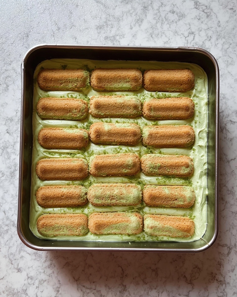 A square baking pan holds a dessert with two layers of ladyfinger-style biscuits arranged flat and side by side, covering the entire base. The biscuits are golden brown on top, with a hint of green showing through, suggesting they may be flavored or colored. Between and beneath these biscuits is a thick, smooth layer of pale green cream filling that fills the gaps and pushes slightly up the sides of the pan. The pan rests on a white marbled surface. Photo taken with an iphone --ar 4:5 --v 7