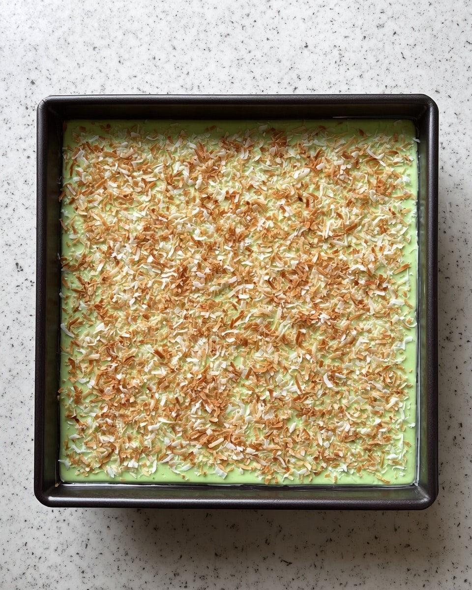 A square black baking pan holds a single-layer green dessert with a smooth texture, topped evenly with a layer of toasted light brown and white shredded coconut. The pan is placed on a white marbled surface, and the green layer fills the pan completely with the toasted coconut spread thinly but covering the entire surface. The edges show the green layer clearly beneath the coconut topping. photo taken with an iphone --ar 4:5 --v 7