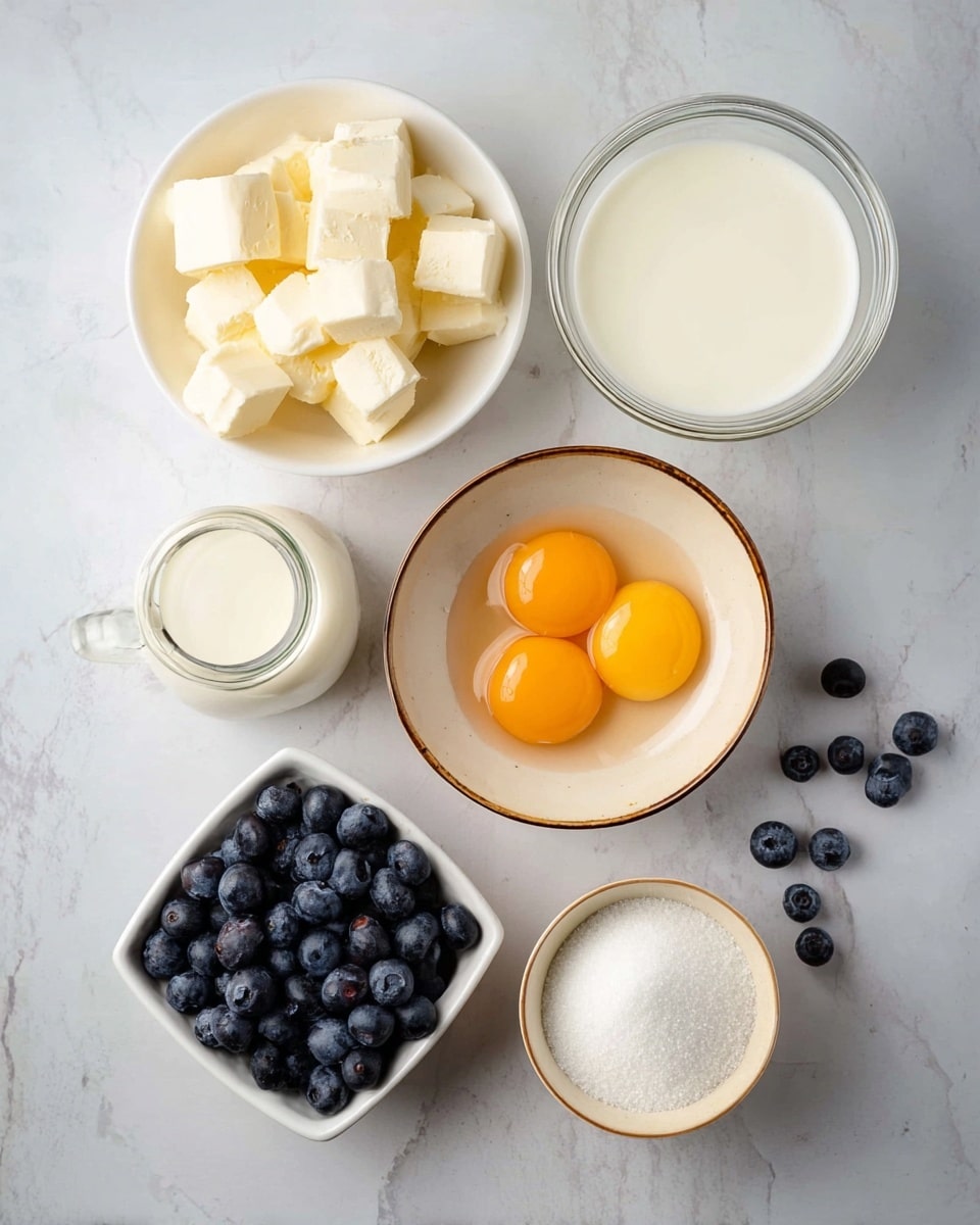 The image shows six separate containers with ingredients placed on a white marbled surface. At the center-left is a white bowl filled with small cubes of cream-colored butter. Above it, a clear glass jar holds a creamy off-white liquid. To the right of the jar is a clear glass bowl filled with white milk. Below the milk, a beige bowl with a brown rim contains three bright orange egg yolks in clear egg whites. Bottom left is a white square bowl filled with many small round dark blue blueberries, some spilling outside the bowl on the marble surface. Bottom right is another beige bowl containing a heap of white granulated sugar. photo taken with an iphone --ar 4:5 --v 7