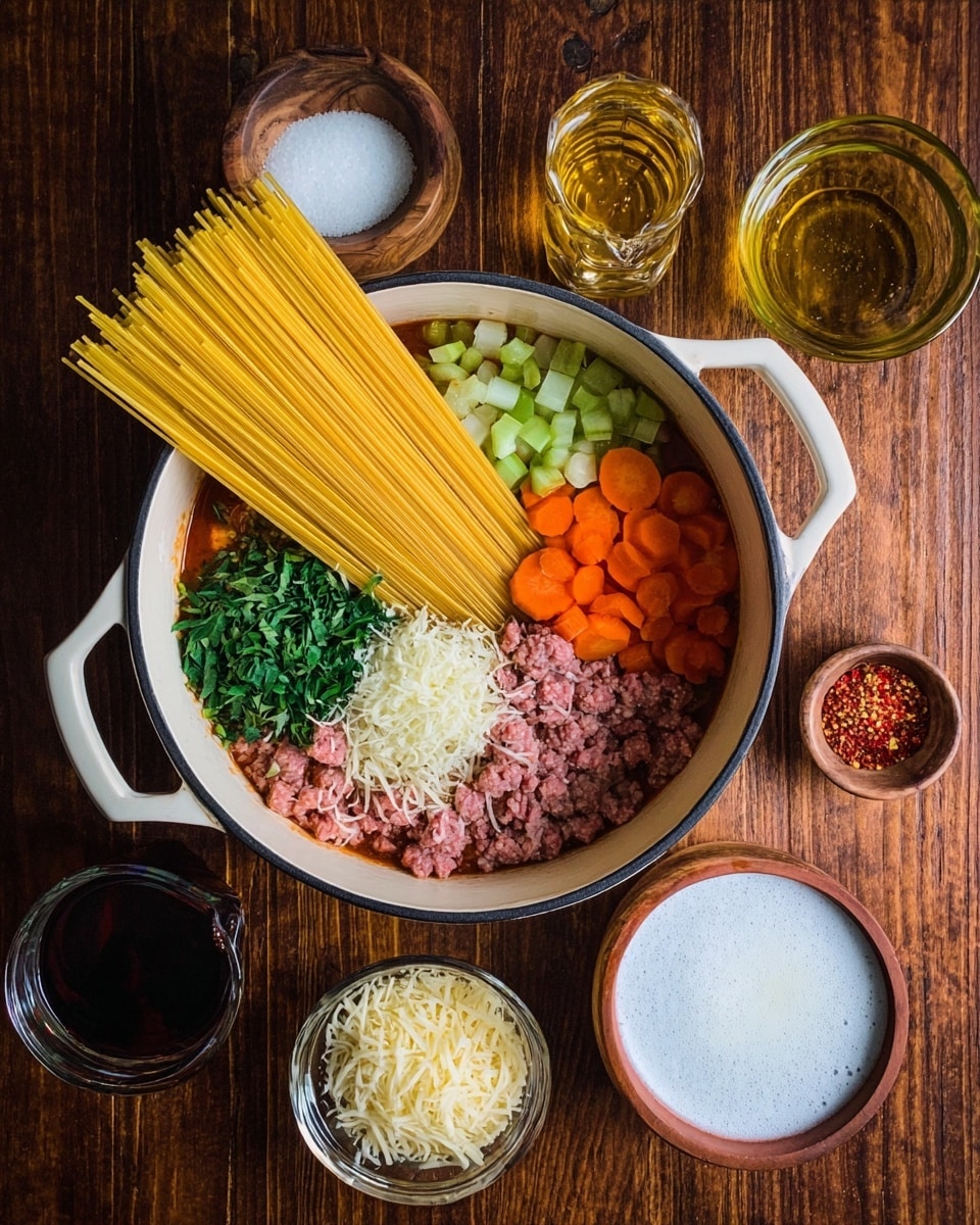 A white pot is filled with layers of ingredients arranged separately: long yellow dry spaghetti leaning against ground pink meat, light green chopped celery, white chopped onions, and bright orange chopped carrots, along with fresh green herbs on top of a red tomato sauce base mixed with various dried spices. Surrounding the pot on a wooden table are small glass bowls and white bowls holding a frothy white liquid, a dark amber liquid, a small amount of clear yellow oil, a dark vinegar-like liquid, shredded white cheese, grated hard pale yellow cheese, and red chili flakes. The scene has a warm, rustic setting. Photo taken with an iphone --ar 4:5 --v 7