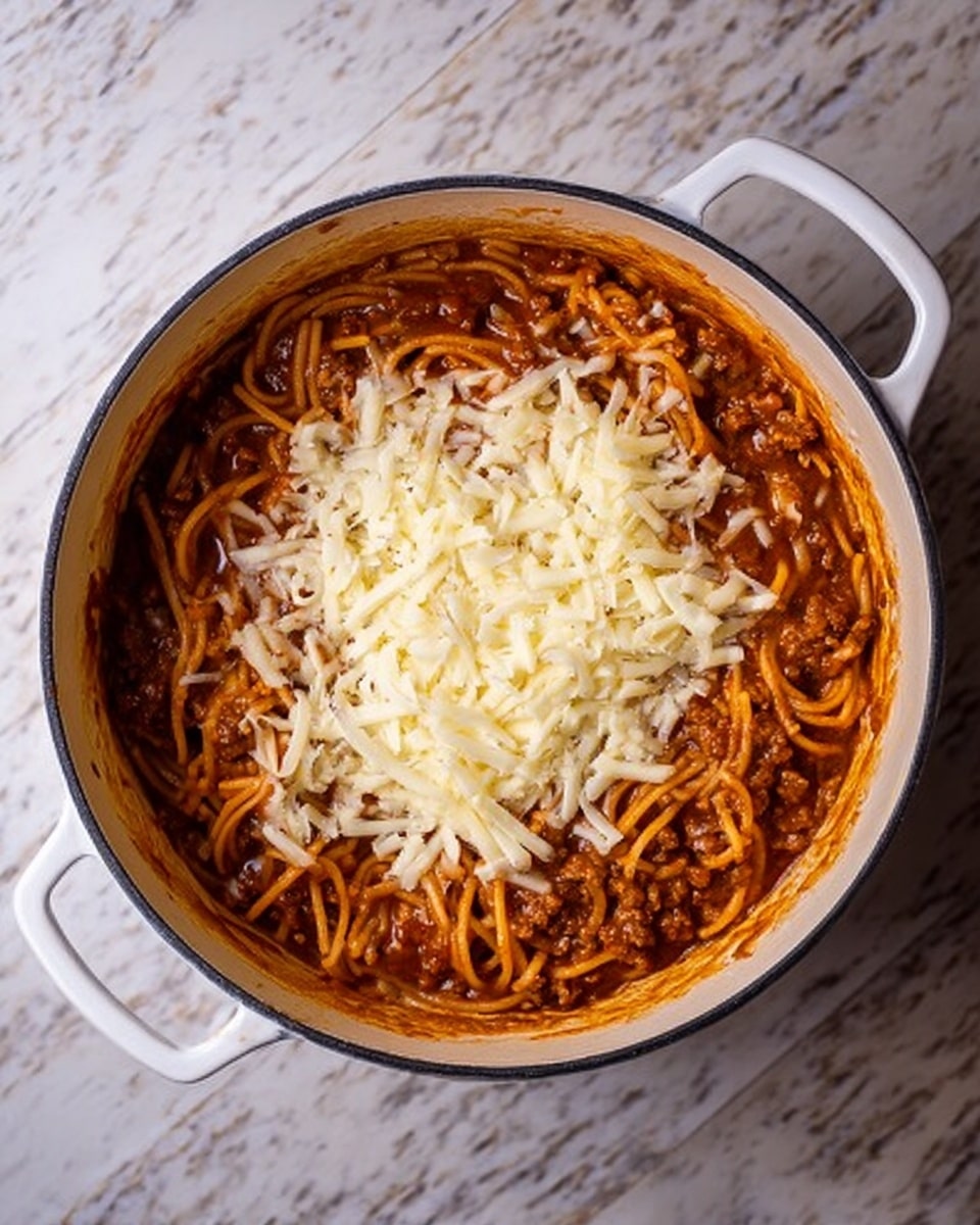A white pot filled with spaghetti mixed with a brown meat and tomato sauce, topped with a mound of shredded pale yellow cheese in the center. The spaghetti and sauce layer covers the entire bottom of the pot, with the cheese sitting bright and soft on top, creating a clear contrast. The pot rests on a white marbled surface, highlighting the rich colors of the food. photo taken with an iphone --ar 4:5 --v 7