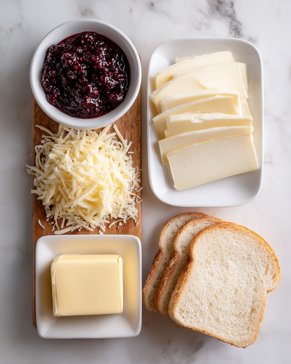 The image shows ingredients on a white marbled surface, including a small white bowl with dark red raspberry preserves full of seeds at the top left. A wooden board in the center has shredded pale yellow mozzarella cheese piled in the middle and three slices of creamy white brie cheese with soft texture arranged in a fan shape on the right side. Below, a white dish holds a rectangular block of pale yellow butter. Two slices of light tan sourdough bread with soft crumb and golden crust lie overlapping on the bottom right. All items are neatly placed with clear color contrast among the white, cream, yellow, and red tones, photo taken with an iphone --ar 4:5 --v 7