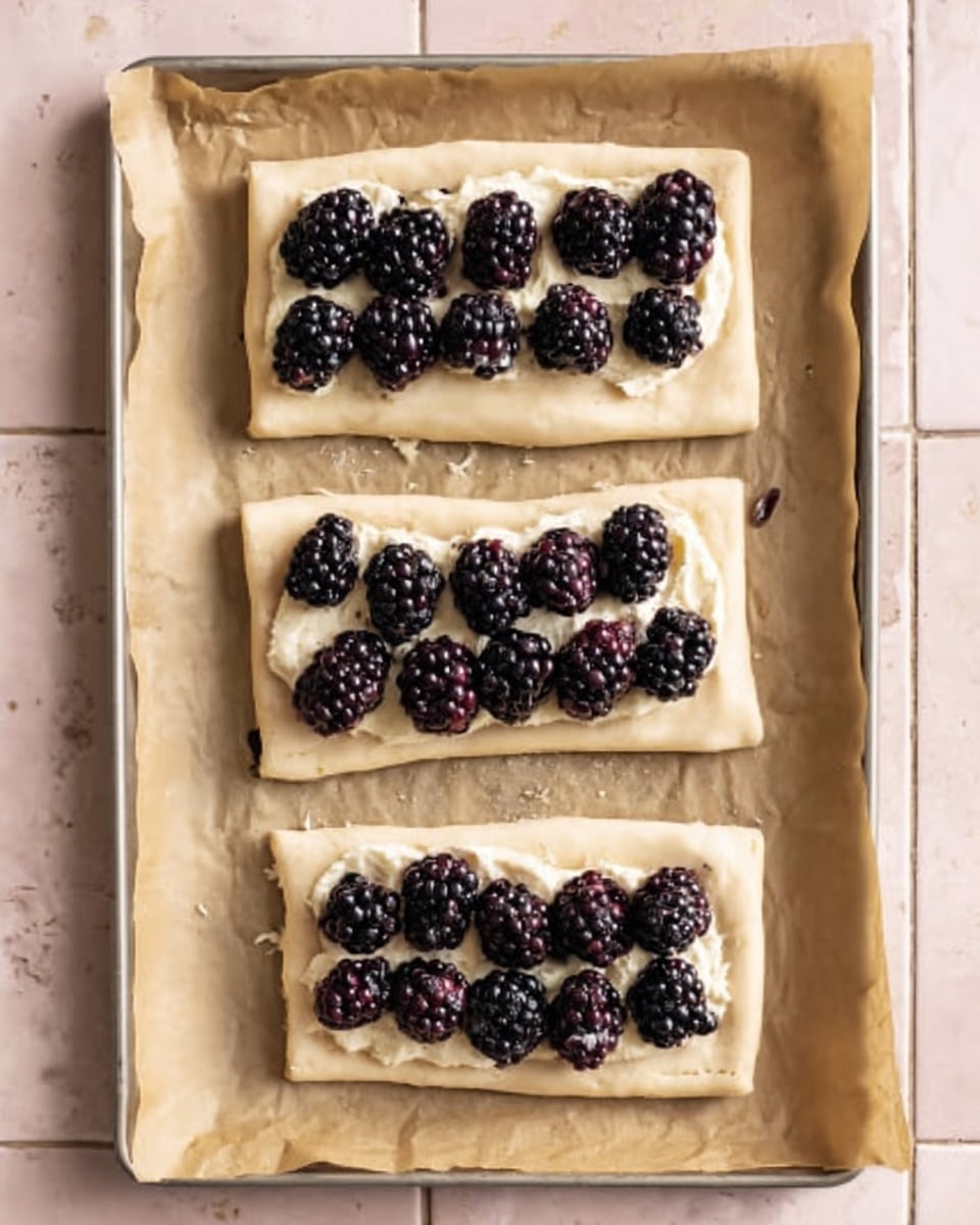 The image shows four rectangular pieces of pale beige dough placed on a baking tray lined with brown parchment paper. Each dough rectangle has a layer of creamy, off-white spread in the middle. On top of the spread, fresh blackberries are arranged in neat groups, varying from six to nine per piece, with their deep purple-black color contrasting against the light dough and spread. The tray is resting on a soft pink tiled surface that frames the view from above. photo taken with an iphone --ar 4:5 --v 7