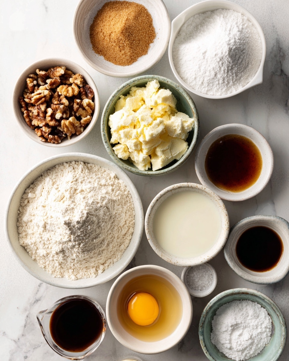 A top view of several white bowls and a small glass cup arranged on a white marbled surface, each filled with different baking ingredients. The largest bowl near the center holds all-purpose flour, a pale off-white powder with a slightly uneven texture. Above it is a medium bowl filled with powdered sugar, bright white and soft-looking. Around these are smaller bowls; one with brown sugar showing a light brown, grainy texture, another with cold butter that looks fluffy and pale yellow, and a bowl with chopped walnuts, brown and rough textured. Other bowls contain liquids: vanilla and maple extract, both dark brown, maple syrup a shiny deep amber, milk and heavy cream which are both white liquids, and a small bowl of salt with white granular crystals. A small glass cup at the bottom contains a cracked raw egg, with bright yellow yolk and clear egg white. The layout is neat and spaced, creating a clear and gentle contrast of textures and natural colors on the white marbled background photo taken with an iphone --ar 4:5 --v 7