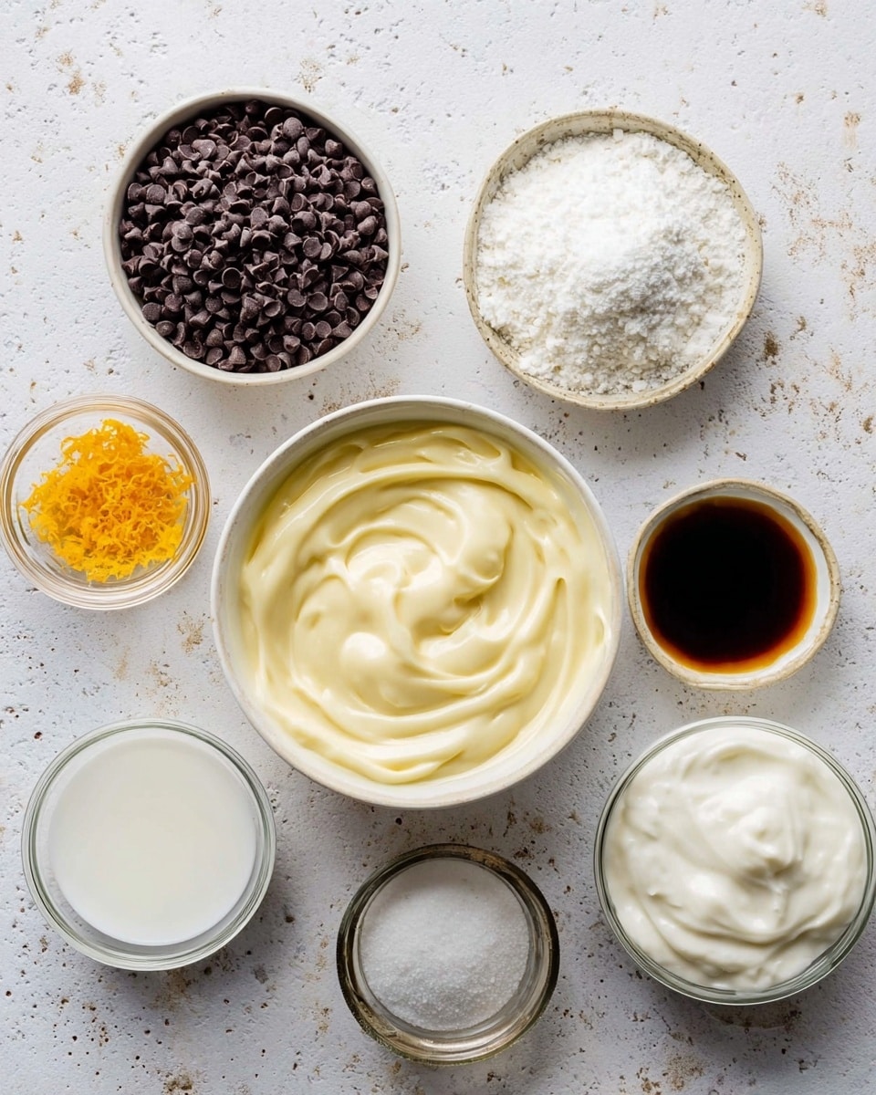 Several small white bowls and clear glass jars are laid out on a white marbled texture surface. The largest bowl in the center holds a pale yellow creamy mixture with smooth swirls. Surrounding it are a bowl of dark brown small chocolate chips, a bowl filled with fine white powdered sugar, a small bowl of dark brown liquid vanilla extract, a small white bowl with coarse white salt, a small bowl containing bright orange zest, a small clear jar of thick white cream, and another small clear jar with a frothy white liquid. The arrangement is neat and evenly spaced with good lighting. photo taken with an iphone --ar 4:5 --v 7